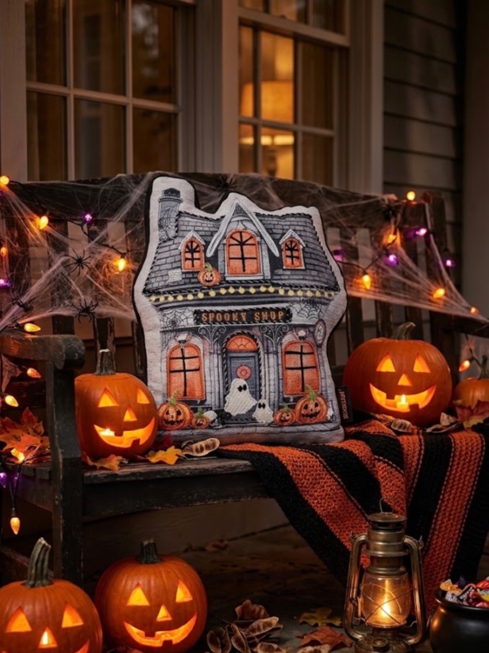 NWT - Ghoulish Halloween Spooky Shop Shaped Throw Pillow Decor
